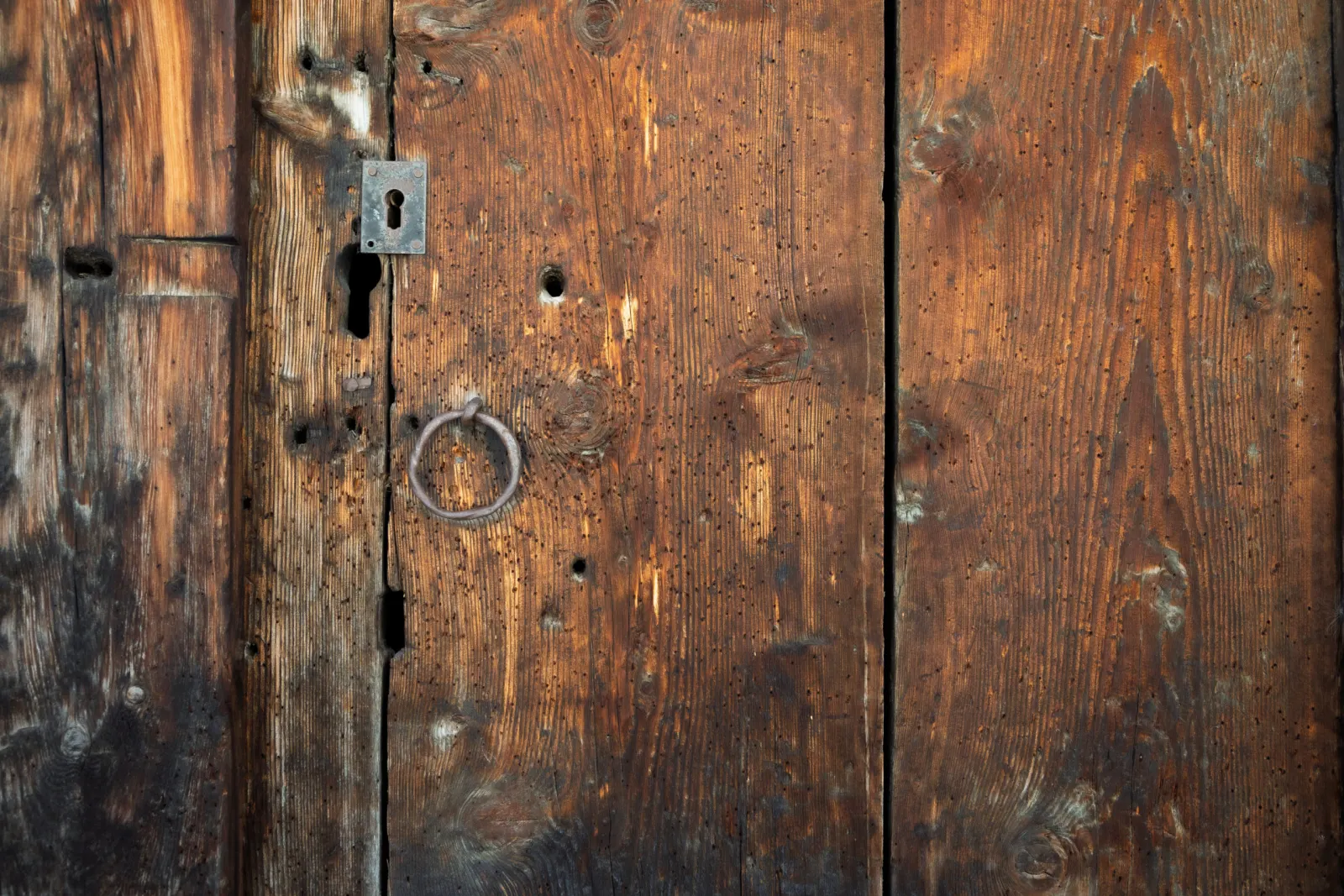 Vieille porte en bois vermoulu d’un chalet, avec anneau et serrure en métal