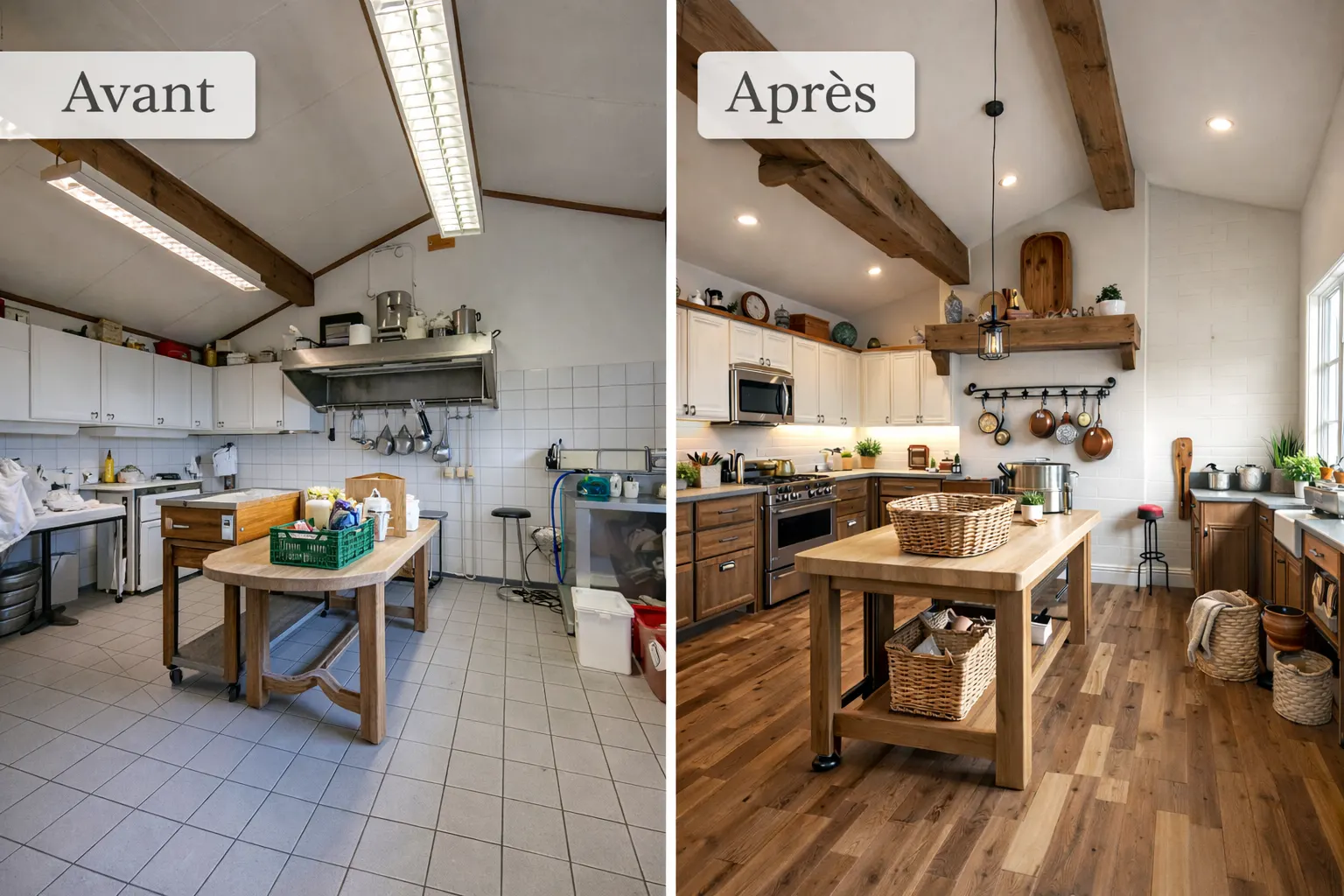 Même cuisine avant et après projection : pièce carrelée aux néons d’un côté, parquet, poutres apparentes et mobilier en bois de l’autre