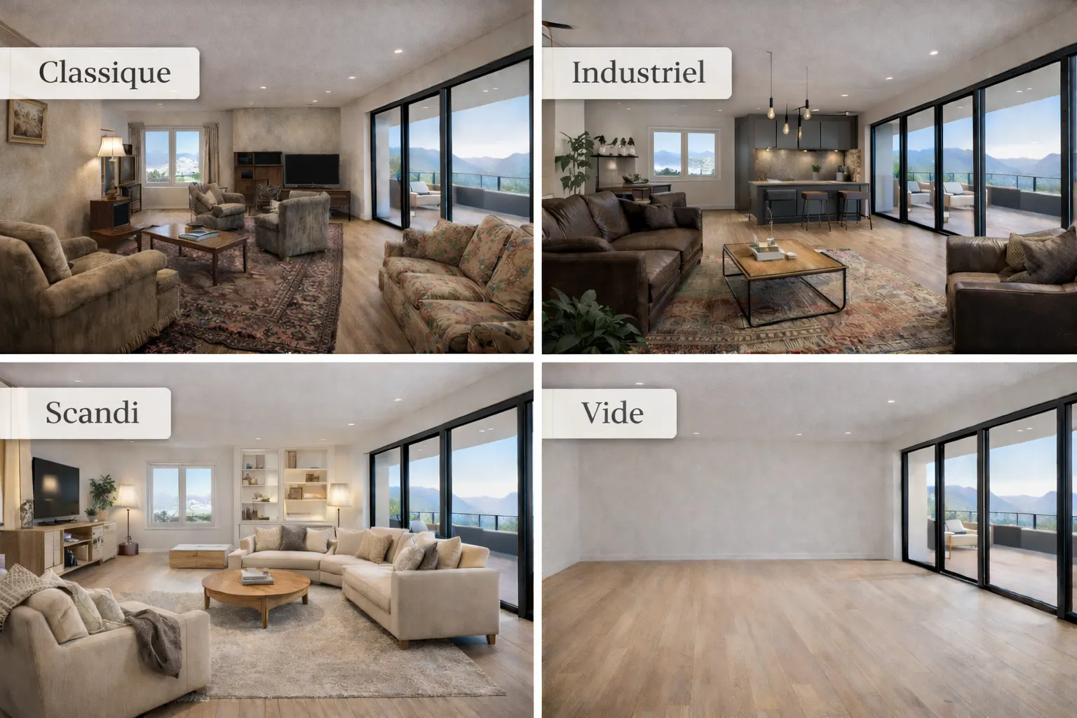 Même séjour avec baie vitrée montré en quatre versions : classique, industriel, scandinave et vide